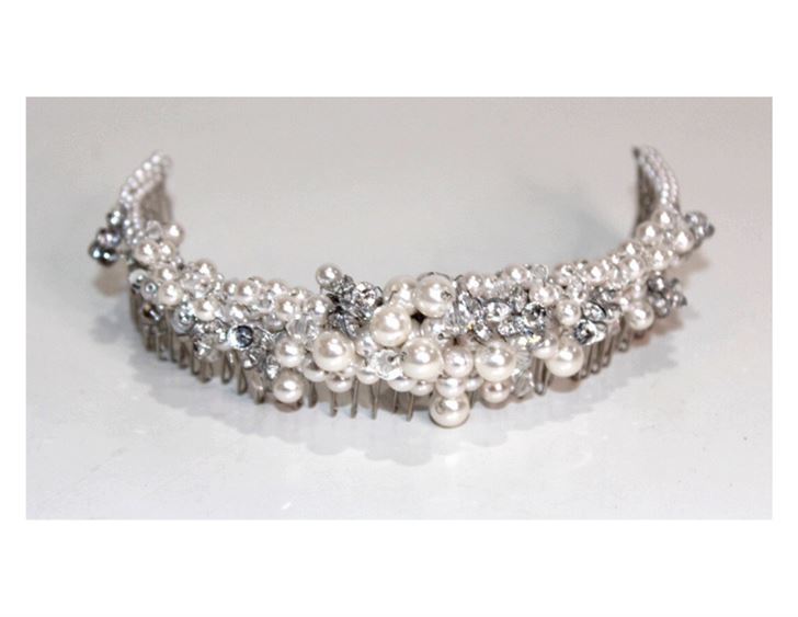Designer Rhodium Silver Ivory Pearl Headband (full comb)