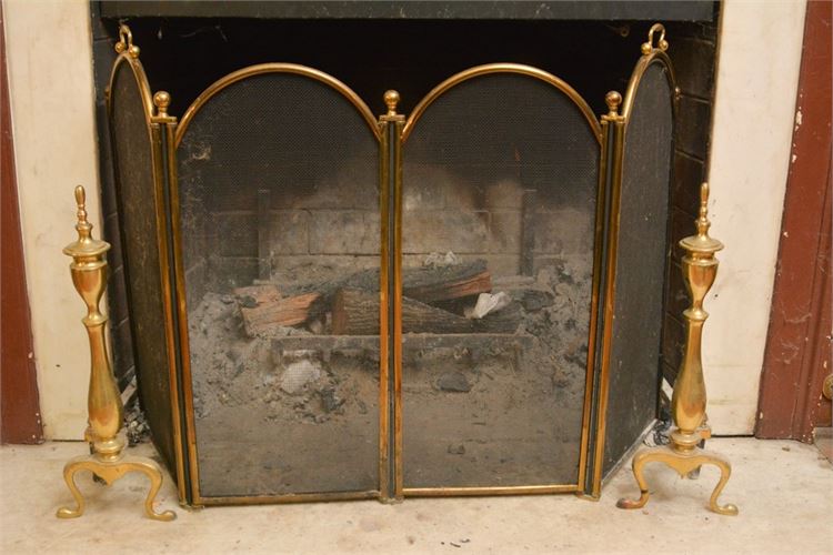 Brass Andirons and Fire Screen