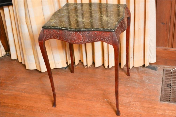 Faux Marble Top End Table With Carved Apron