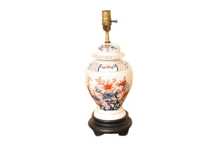 Vintage Asian Orange and Blue Porcelain Table Lamp