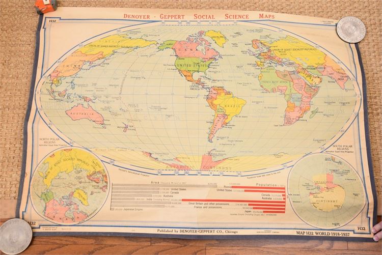 1918-1937 World Map on heavy linen, drawn and hand colored by R Baxter Blair