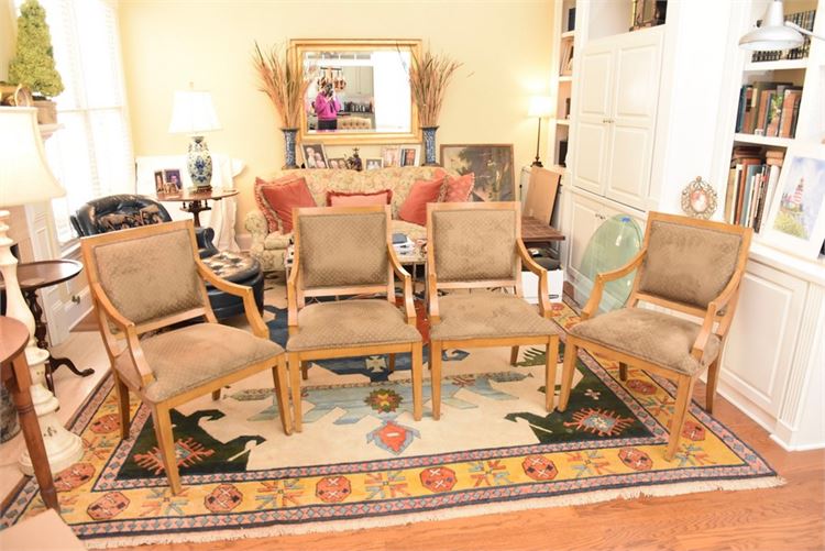 Four exposed wood frame and upholstered chairs with straight square back,