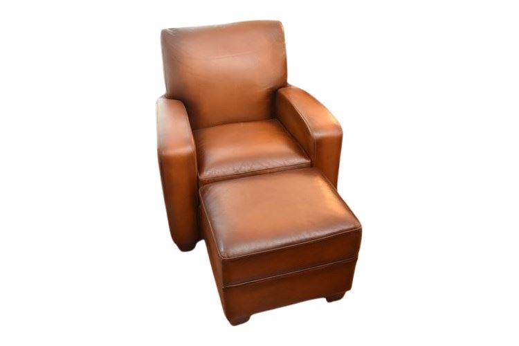 Restoration Hardware Brown Leather Calf Skin Chair and Ottoman (see description)