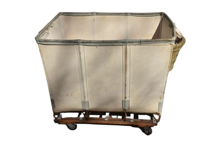 1930’s Hotel canvas laundry cart on wheels with suede trim