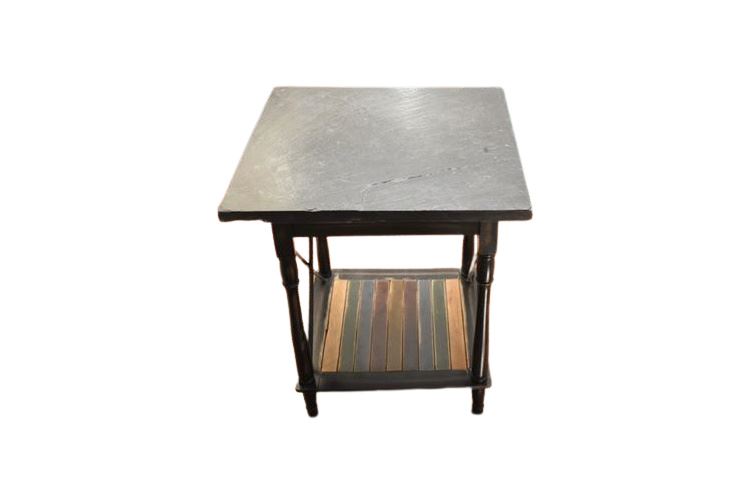 Vintage, slate top on wooden base table with colored stretcher,