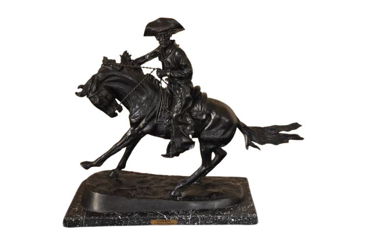 After Frederic Remington  "Cowboy" Bronze On Marble Base