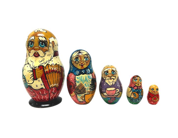 Russian Hand Painted Santa Family Wooden Nesting Dolls, Signed 5-Pc