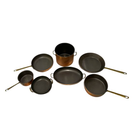 French Polished Copper Style Cookware with Brass Rivet Handles, 10 Pc Set