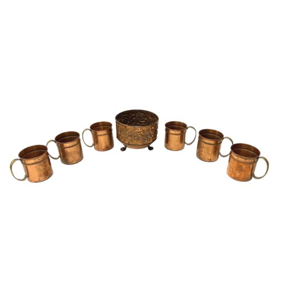 Rare Large Primative Style Copper Mugs and Footed Planter, 7 Pc