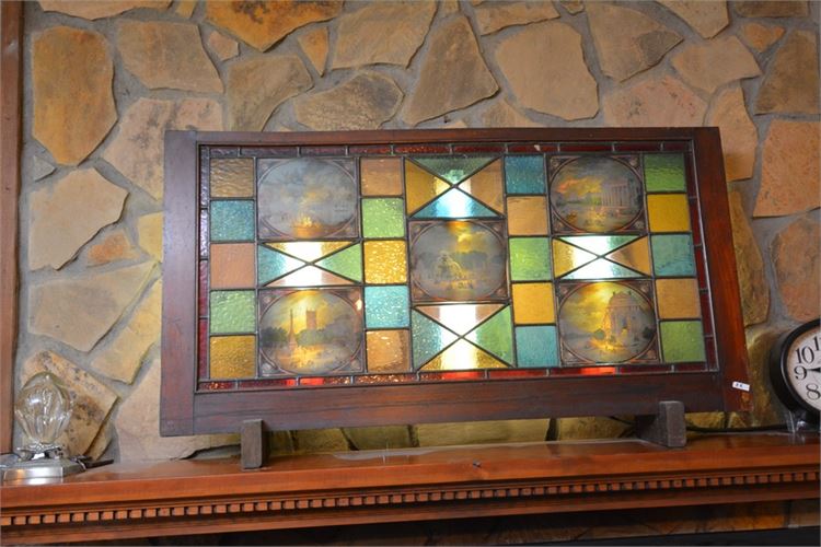 Antique Leaded Glass Panel With Inlaid Painted Grand Tour Scenes