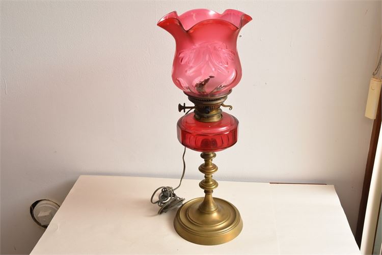 Antique Cranberry Glass Oil Lamp