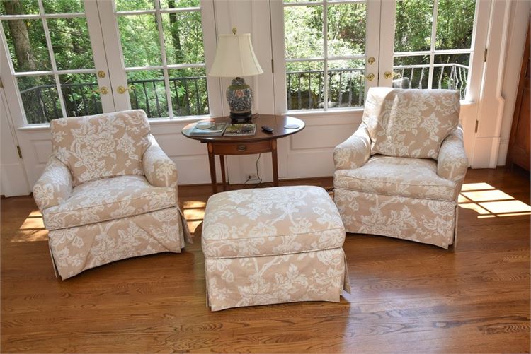 Pair Baker Furniture Club Chairs With Ottoman