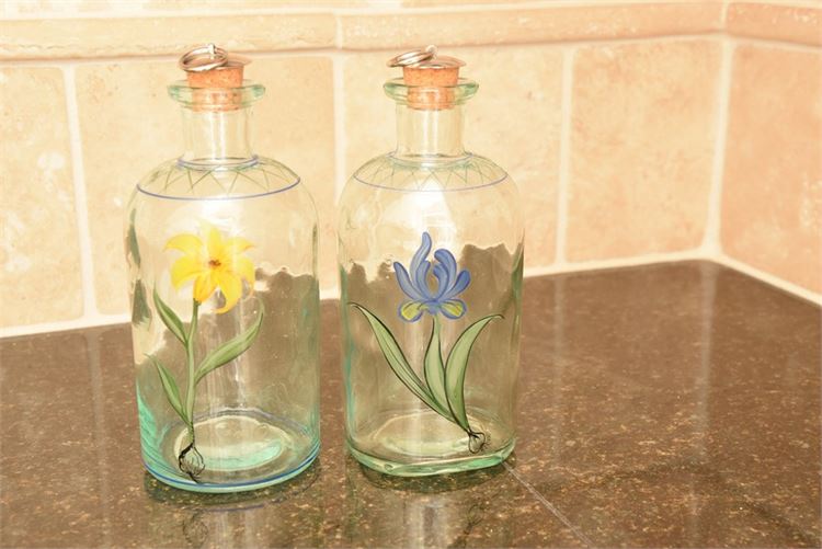 Pair Painted Floral Glass Bottles