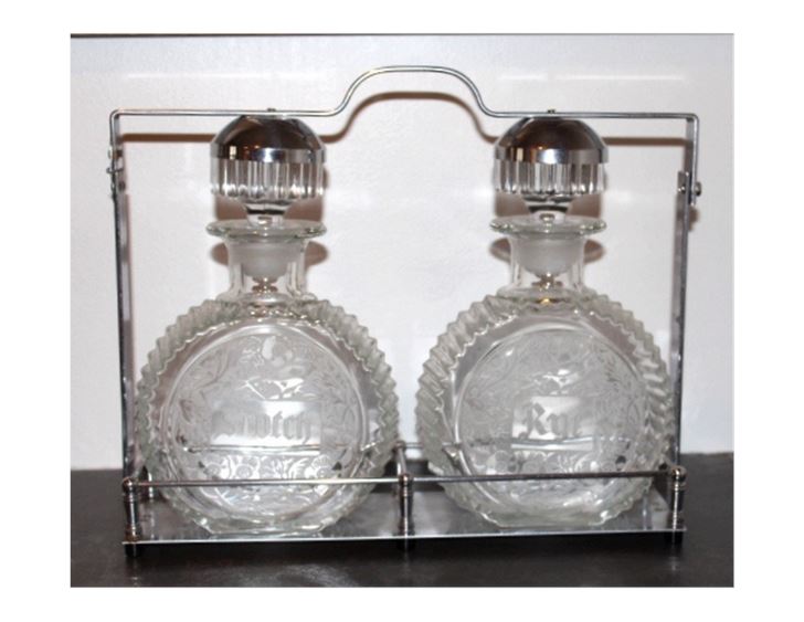 Hollywood Regency Etched Crystal Liquor Decanters, 3 Pc Set