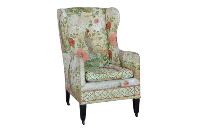 Custom Upholstered Floral Pattern Wingback Chair