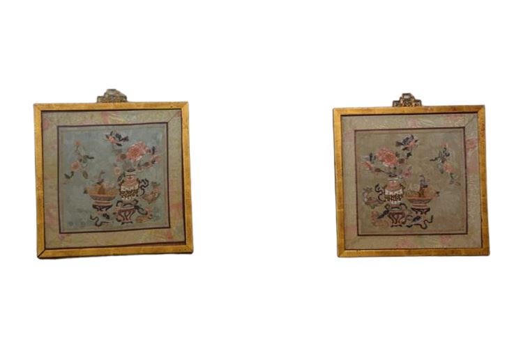 Pair Framed Asian Silk Tapestries