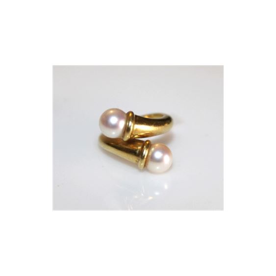 18K Yellow Gold Double Cultured Pearl Bypass Ring (Sz 6)