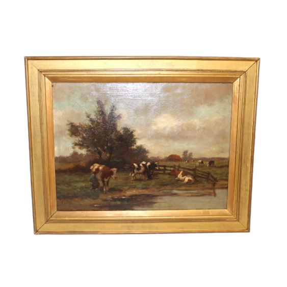 19th Century Style Oil on Canvas Landscape with Cows, Gilt Frame
