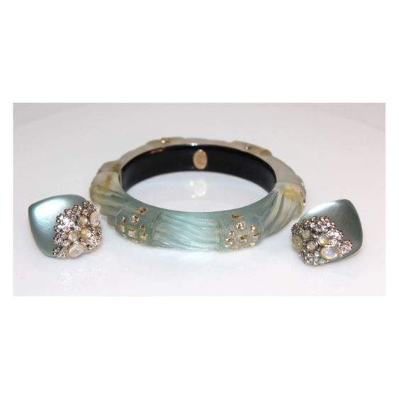 Alexis Bittar Lucite Crystal Encrusted Bracelet & Earrings, Rare 3Pc Set
