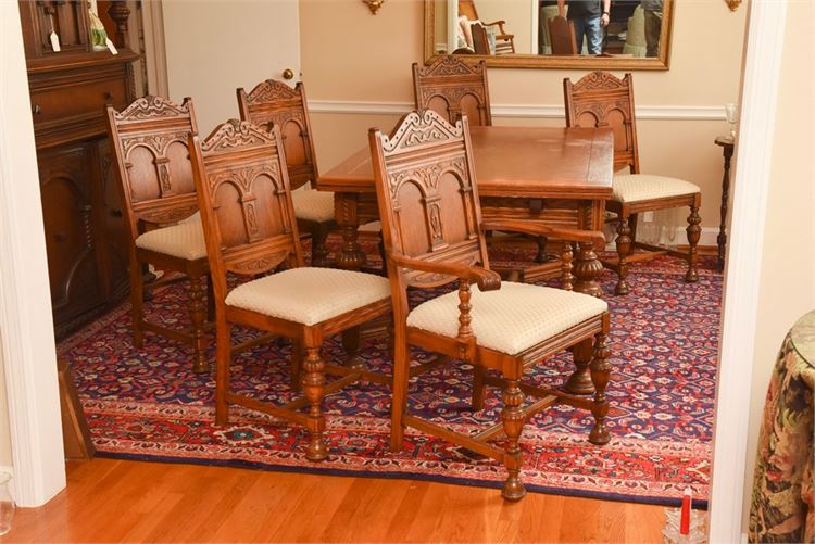 Antique Heavily Carved Dining Set, Extending Dining Table and Six (6) Chairs