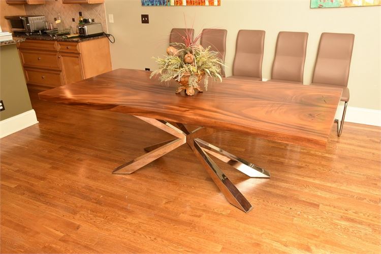 Contemporary Walnut Plank Top Naguchi Style Chrome  Base Dining Table
