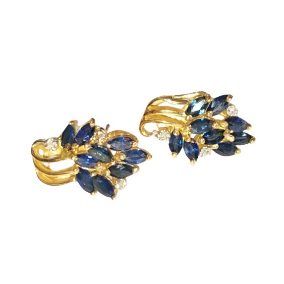Vintage Pair 14K Yellow Gold Sapphire & Diamond Cluster Earrings