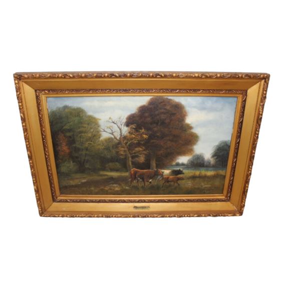 Large Victorian Style Pasture Landscape with Cows Oil Painting, Signed 32"x45"