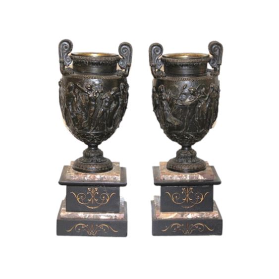 Pair of 19th c. Grand Tour Style Bronze 'Townley Vases' on Marble Plinths