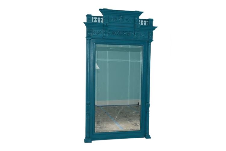 Blue Painted Antique Wall Mirror With Carved Accents