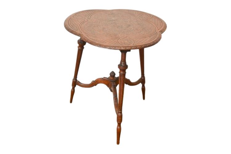 Antique Clover Form Table With Heavily Carved Top and Tripod Base