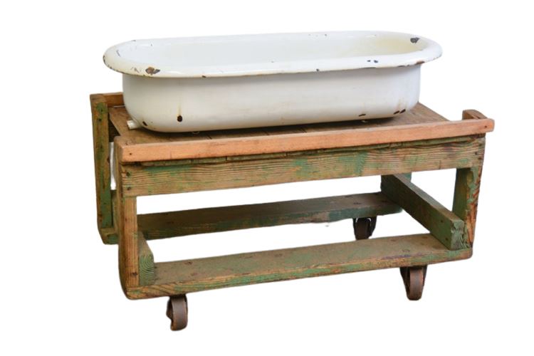 Enameled Tub or Basin on Wood Rolling Base