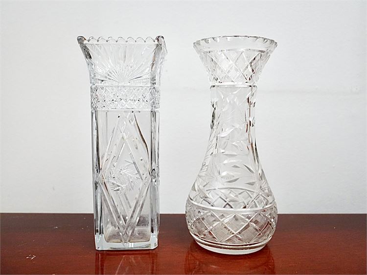 Pair Heavy Cut Crystal Vases