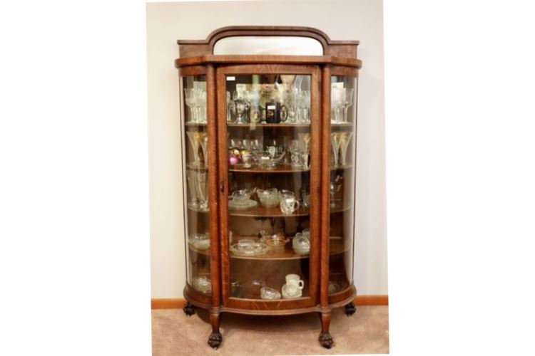Triple Curved Front Oak China Cabinet