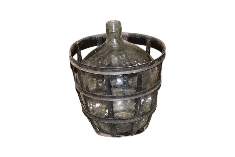 Large Glass Jug and Metal Basket