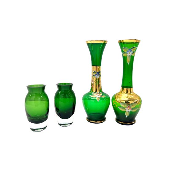 LSA Art Glass and Hand Painted Green Vases, 4 Pc