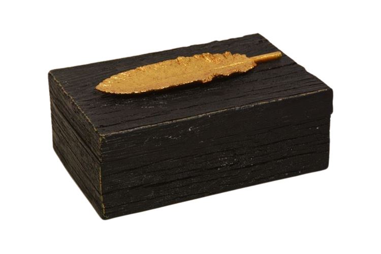 Uttermost Rustic Faux Wood Box With Gold Feather Accent
