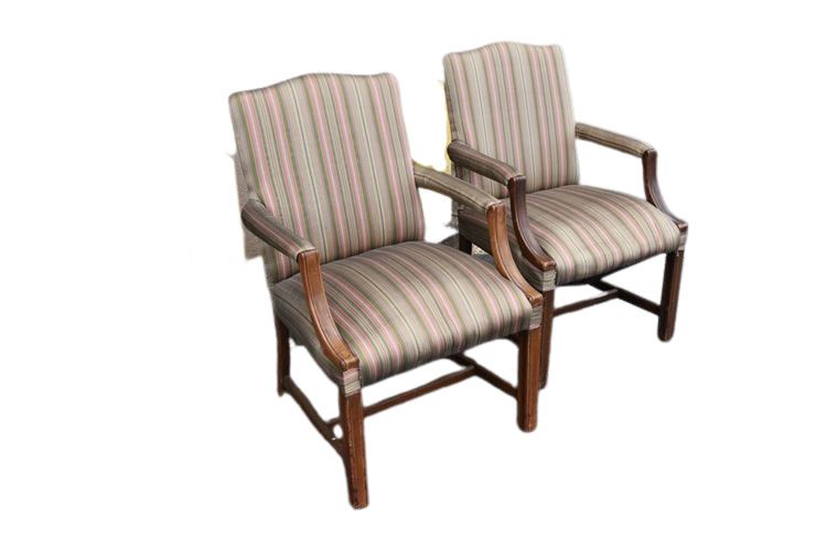 Pair 20th C Mahogany & Upholstered Armchairs