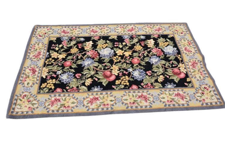 Hooked Rug with Floral Border & Motif