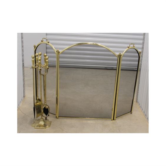 Polished Brass Fireplace Screen and Tool Set, 6 Pc