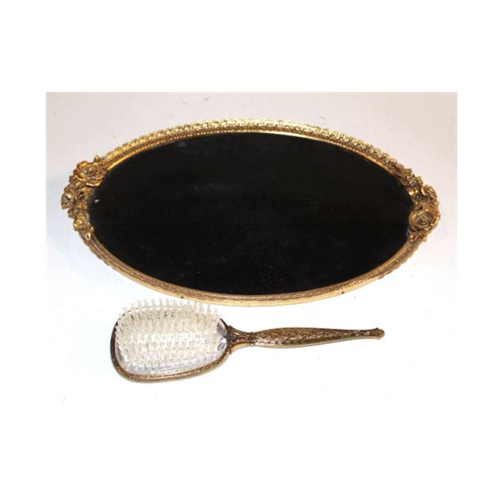 Matson Style Gold Plated Filigree Rose Tray and Brush, c. 1940s