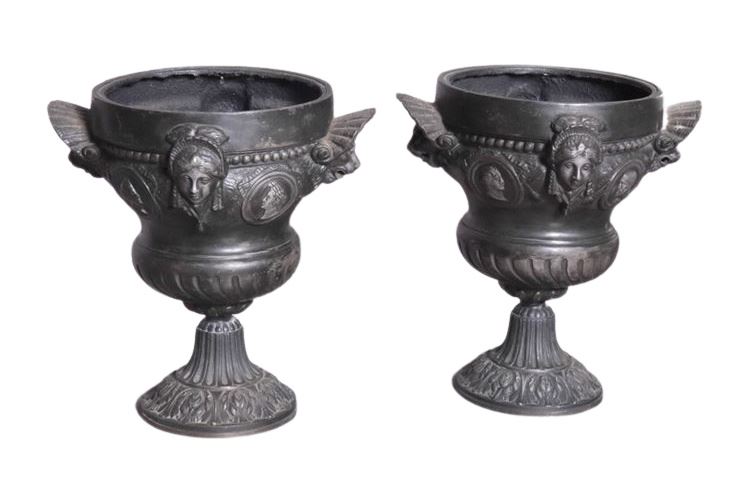 Pair Metal Vases Bronze Color w/ Relief of Cherub Face