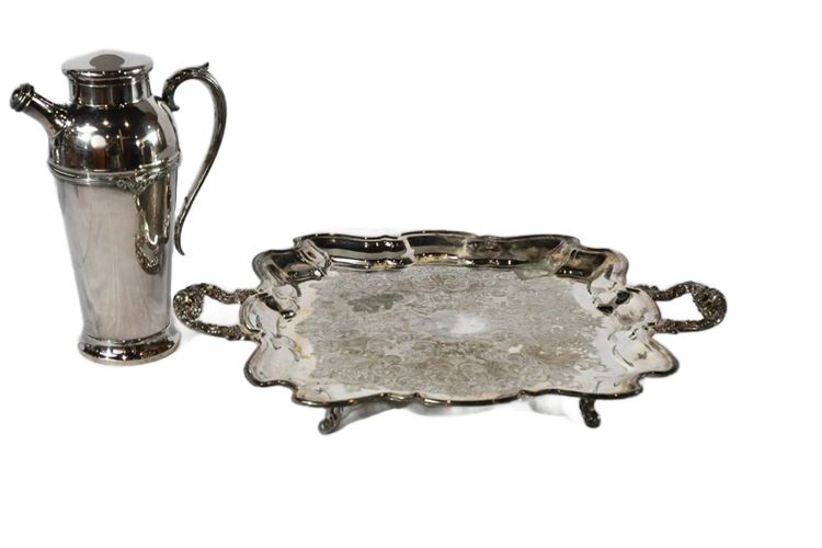 Georgian Style Silver Plate Martini Shaker and Serving Tray