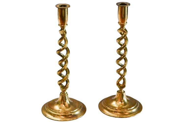 Pair Vintage Twisted Brass Candlestick
