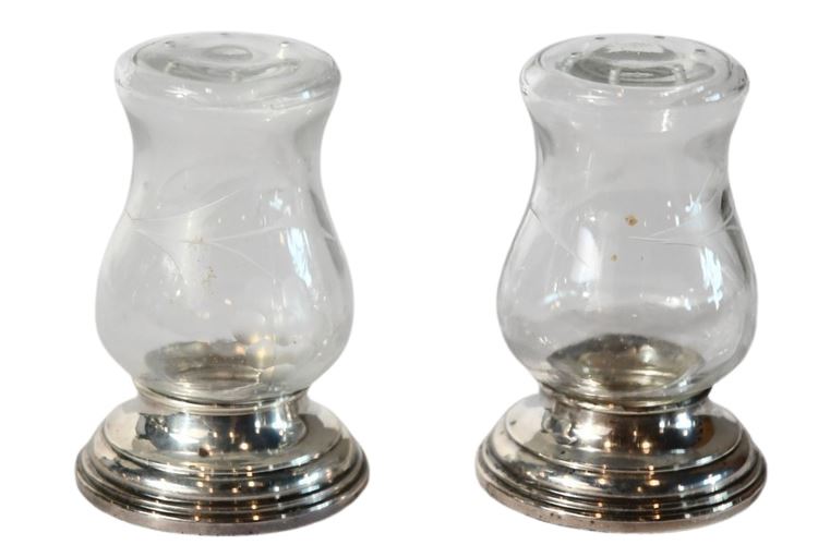 Vintage Alvin S270 Sterling Silver Weighted Etched Glass Salt and Pepper Shakers