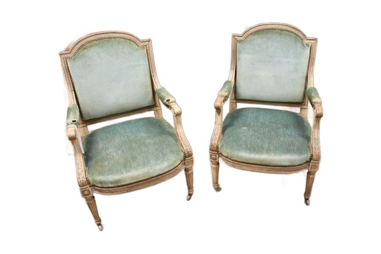 Pair Antique Painted And Upholstered Open Armchairs