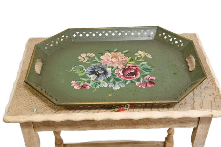 Vintage Tole Painted Reticulated Green Metal Tray Floral Gold Trim Open Handles
