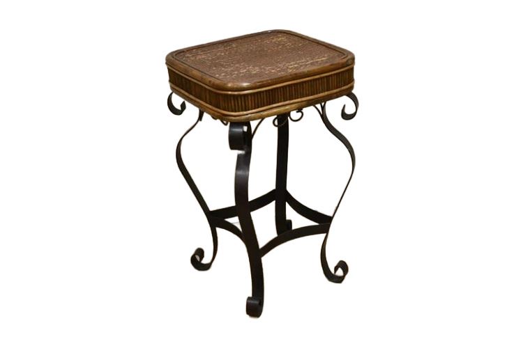 Scrolled Metal and Wood End Table With Woven Top