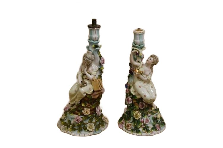 Pair Porcelain Figural Candlestick (Candle Holder) With Floral Decoration