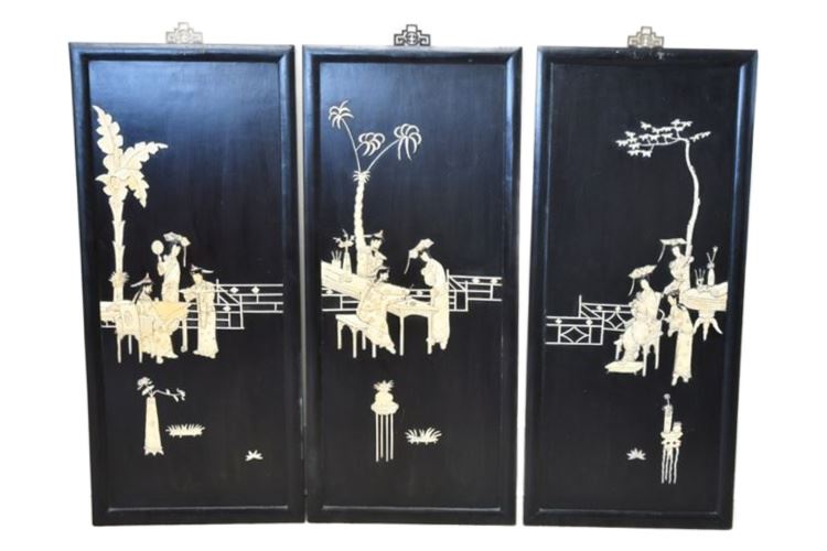 Three (3) Antique Chinese Black Lacquered Panels