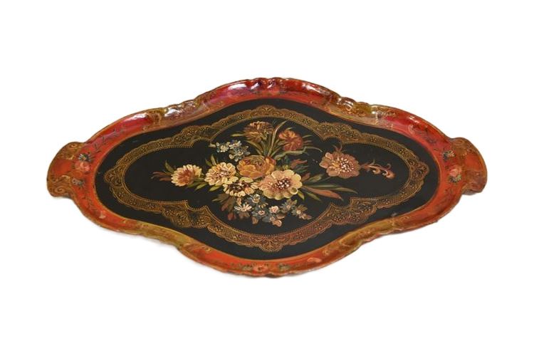 Vintage Japan Hand-Painted Floral Paper Mache Tray with Handles
